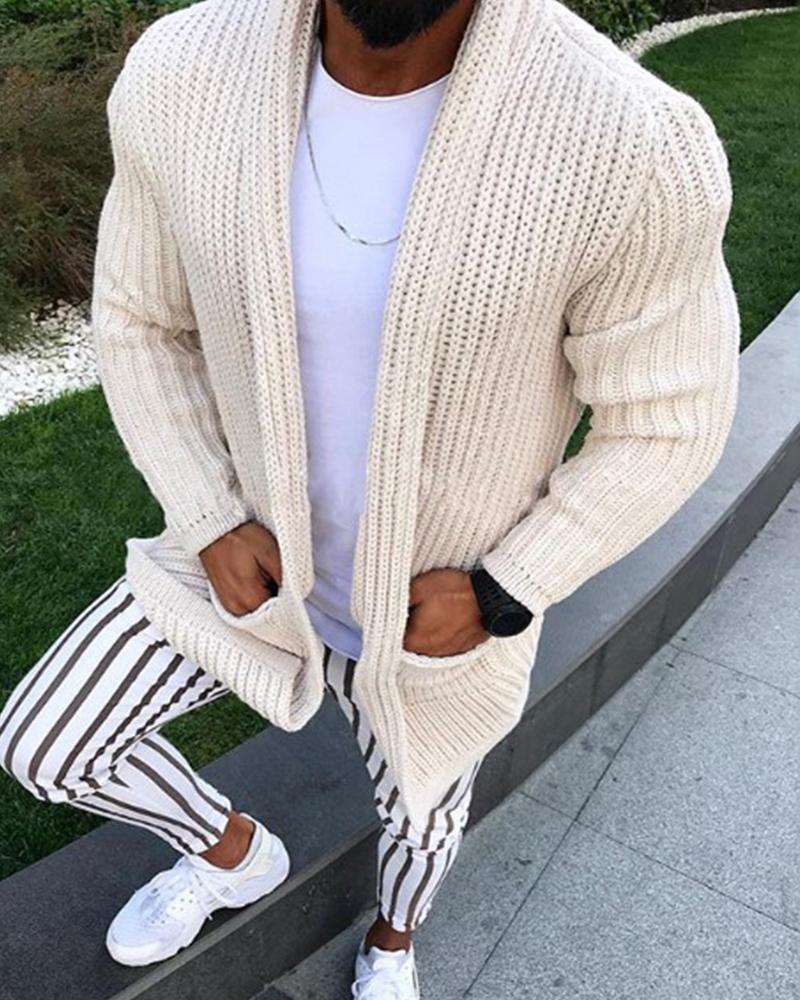 

Solid Knitted Long Sleeve Cardigans, Beige