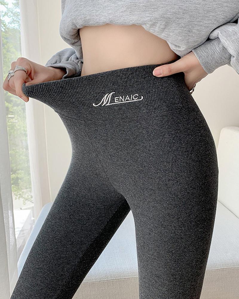 

Embroidery Letter High Waist Thermal Warm Fleece Lined Leggings, Dark grey