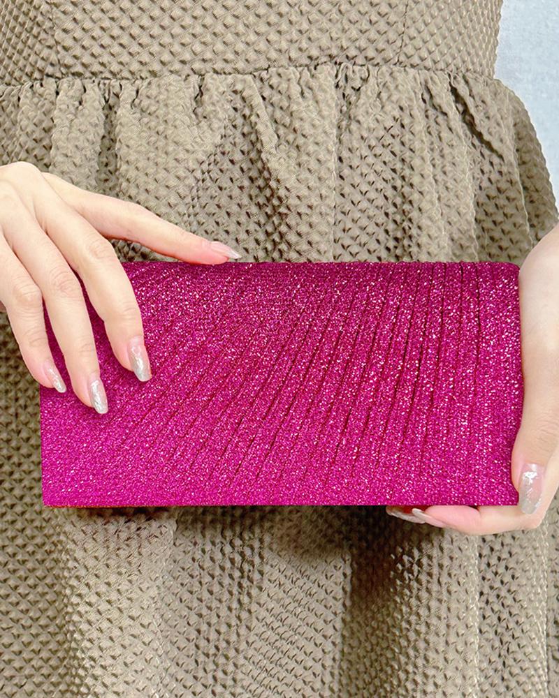 

Glitter Ruched Chain Strap Evening Clutch Bag, Hot pink