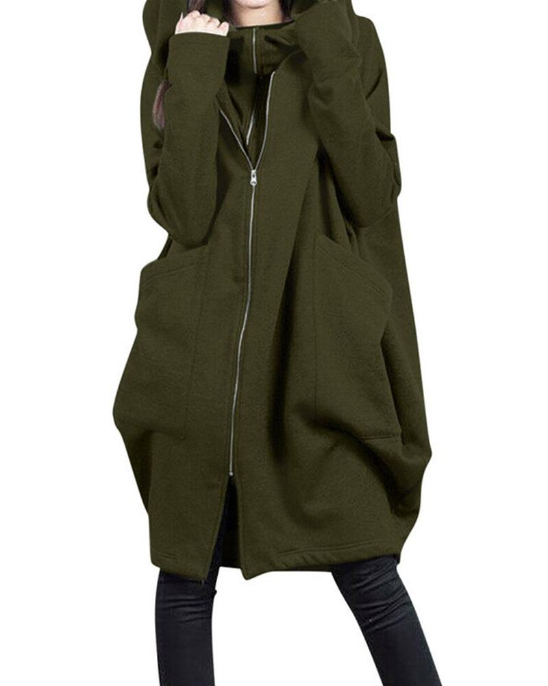 

Fake Two-Piece Zip Front Long Sleeve Hoodie, Army green