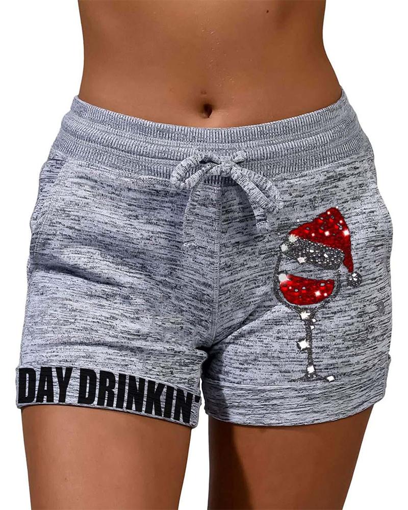 

Solid Color Splicing Cartoon And Letter Print Drawstring Short Pants, Gray