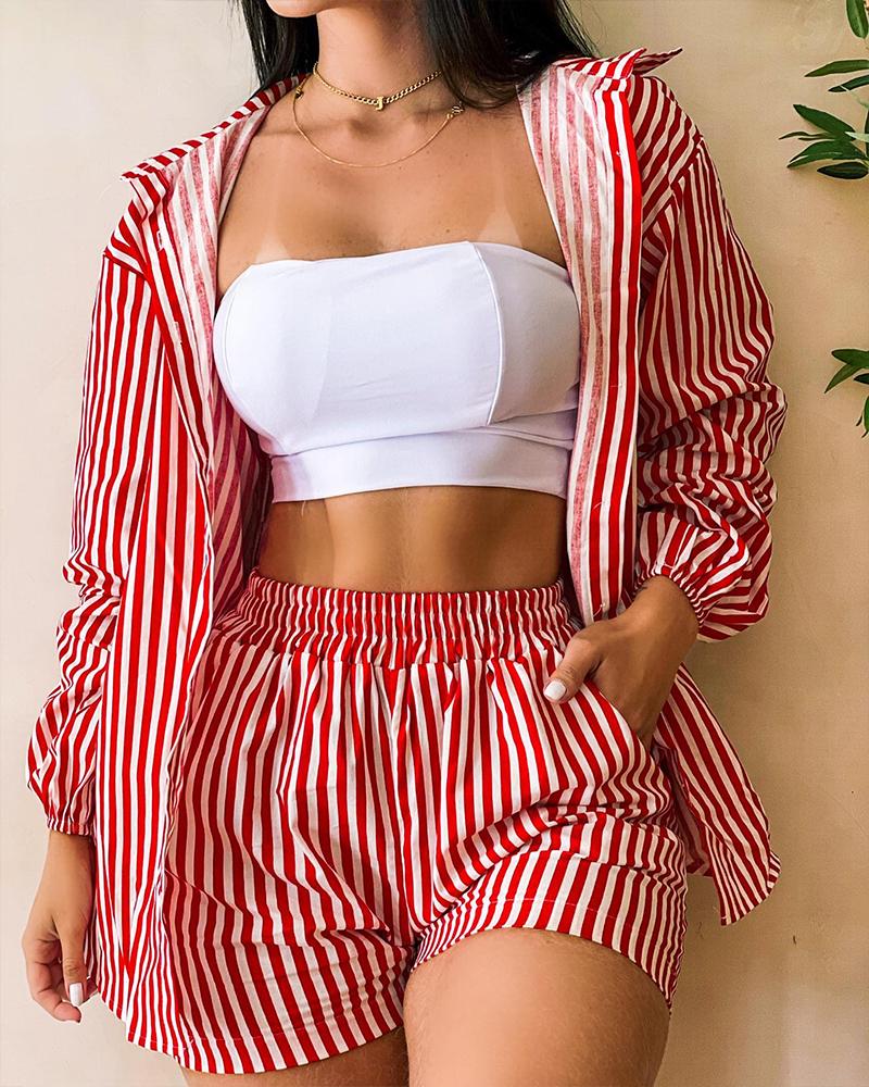 

Striped Print Long Sleeve Shirt & Shorts Set, Red