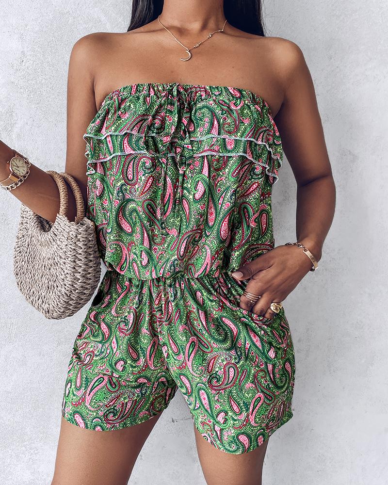 

Paisley Print Ruched Pocket Design Bandeau Romper, Green