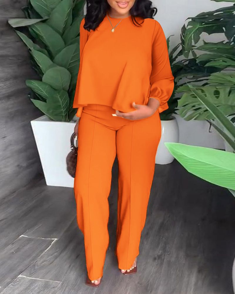 

Plus Size Flowy Top & Straight Leg Pants Set, Orange