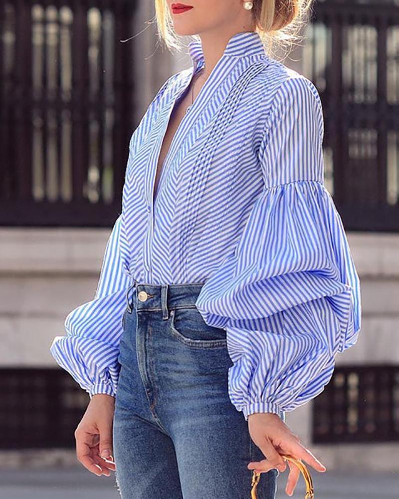 

Striped Print Lantern Sleeve Button Front Shirt, Blue