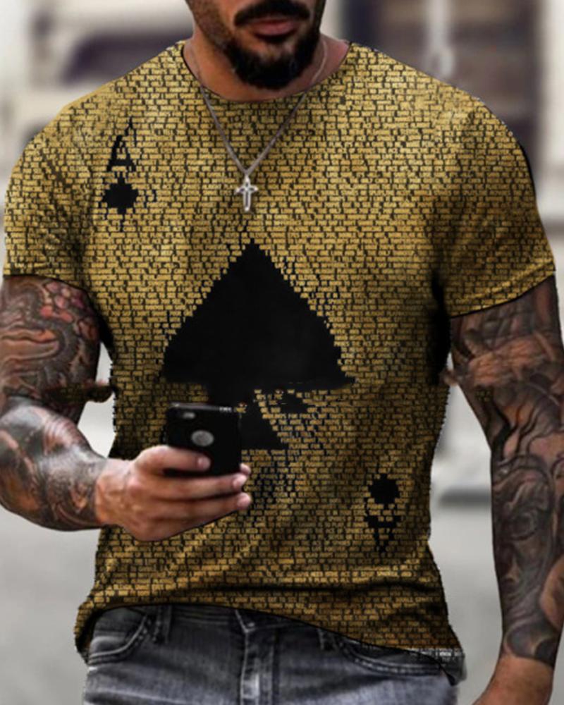 

Poker Print Short Sleeve Loose T-shirt, Yellow