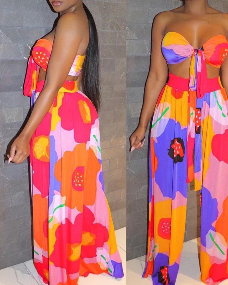 

Multicolor Floral Print Halter Sleeveless Cropped Top With Wide Leg Pants Suit Sets