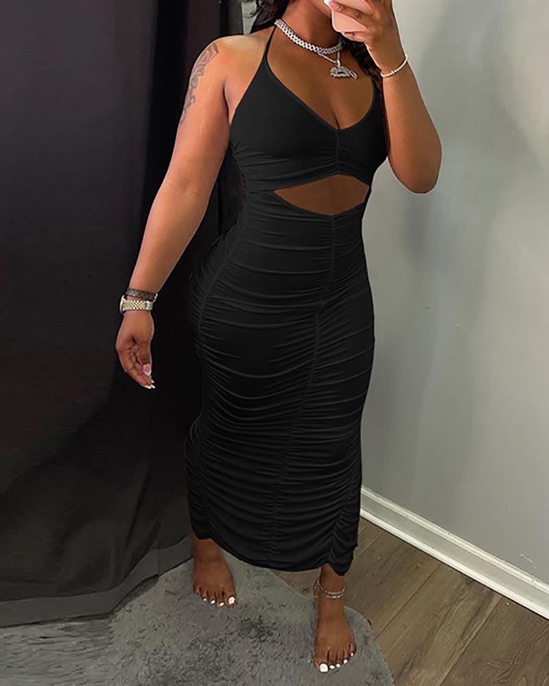 

Halter Backless Cutout Ruched Slit Maxi Dress, Black