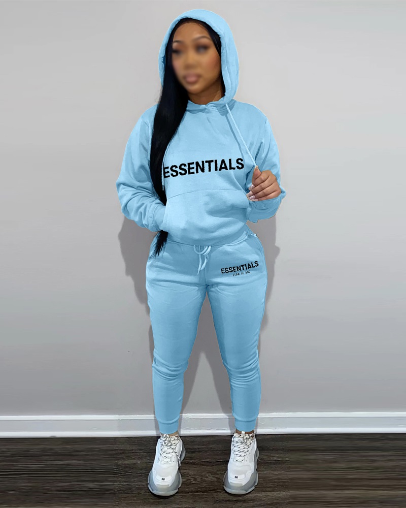 

Letter Print Long Sleeve Hoodie & Pants Set, Blue