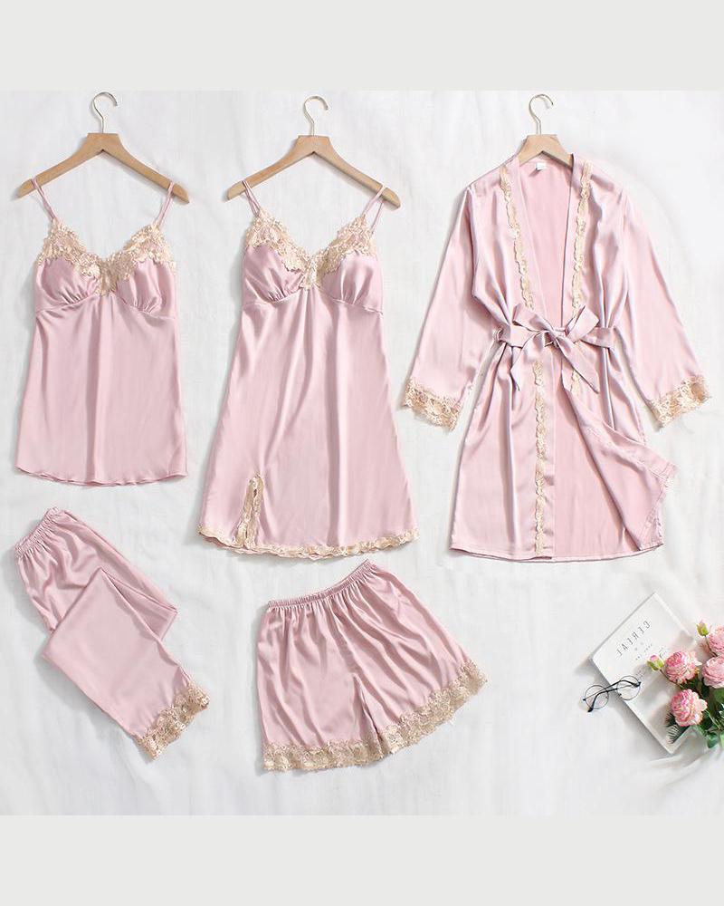 

Satin Lace Trim 5pcs Pajama Set, Pink