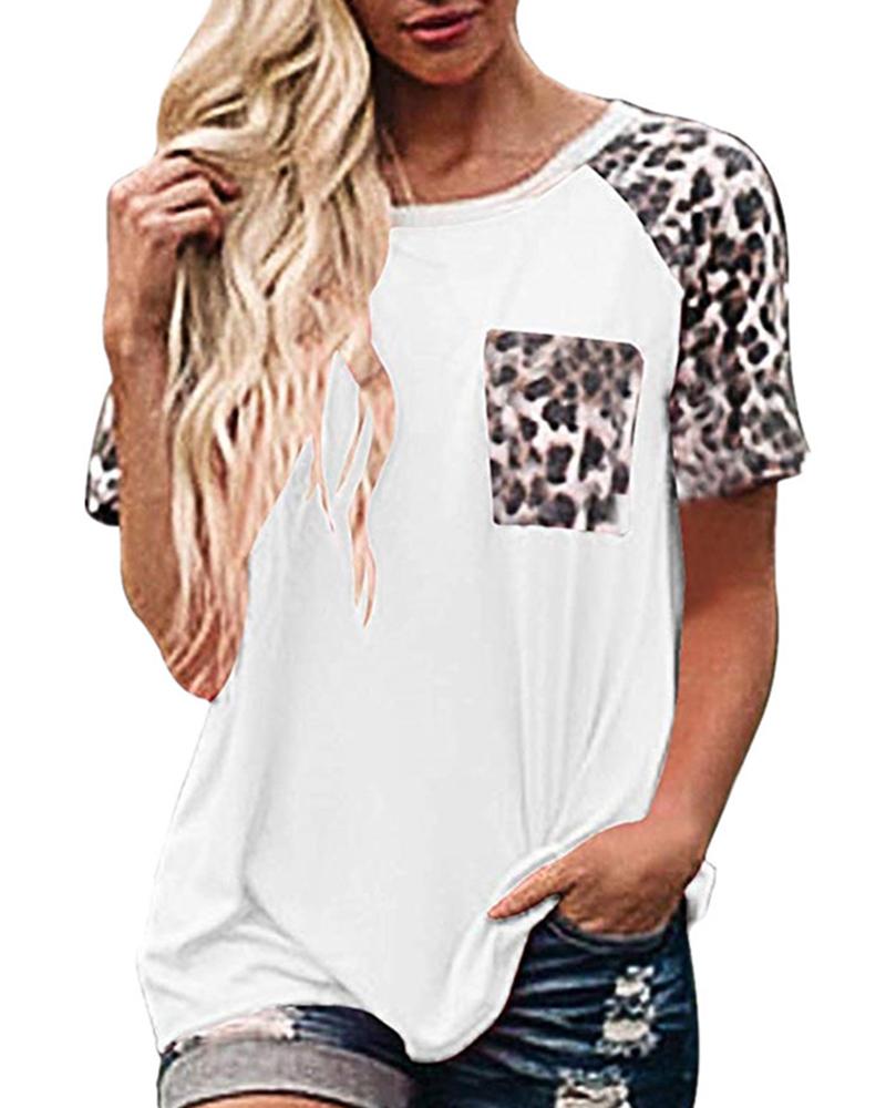 

Leopard Print Short Sleeve Pocket T-shirt, White