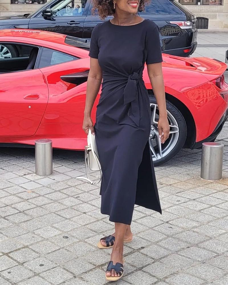 

Knotted Side Slit Short Sleeve Dress, Black