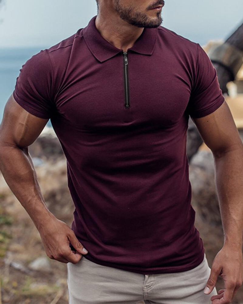

Solid Color Short Sleeve Polo Shirt, Wine red