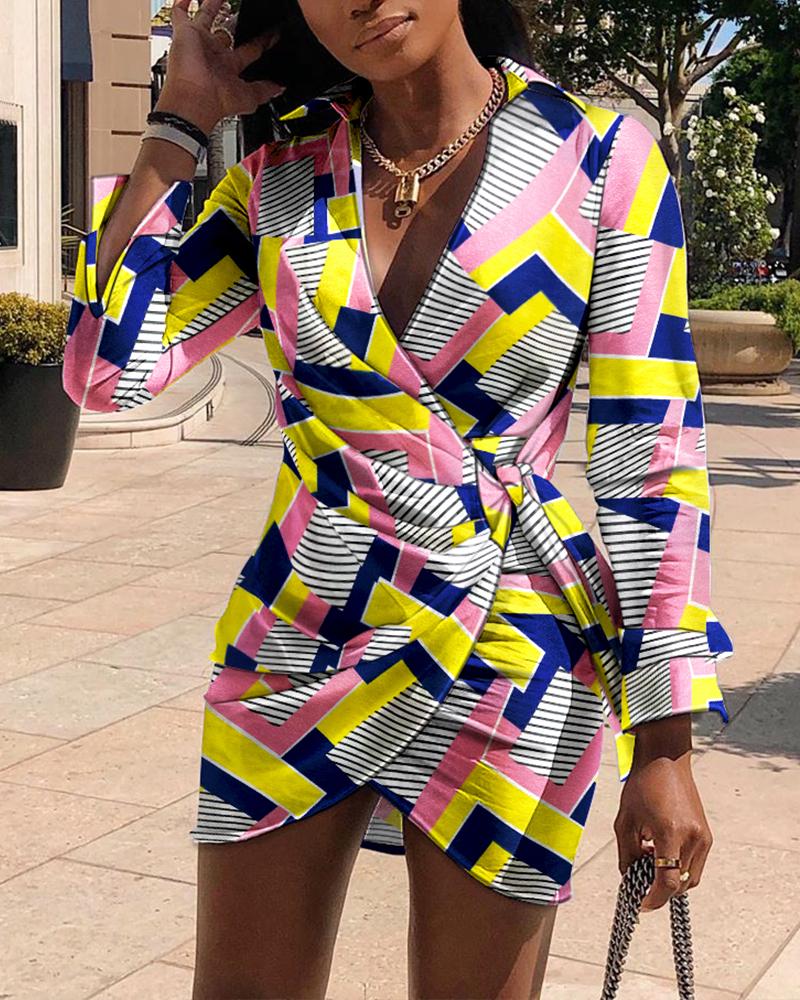 

Geometric Print Ruched Tied Detail Shirt Dress, Pink