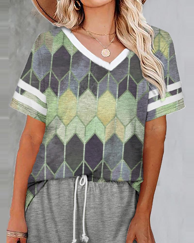 

Striped Geo Print Colorblock Short Sleeve Top, Green