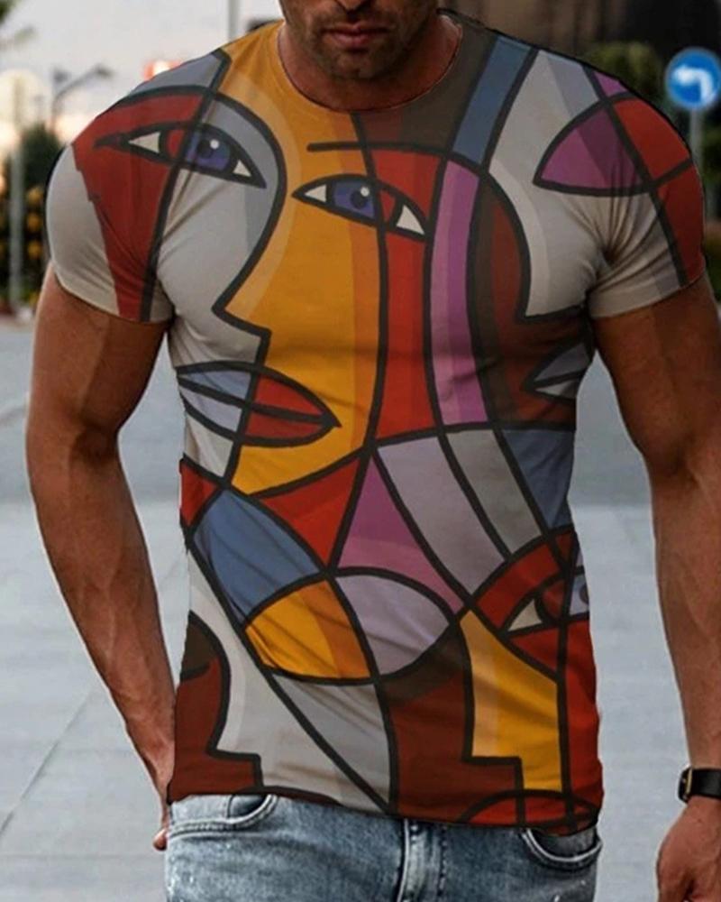 

Cartoon Abstract Print Short Sleeve Skinny T-shirt, Multicolor