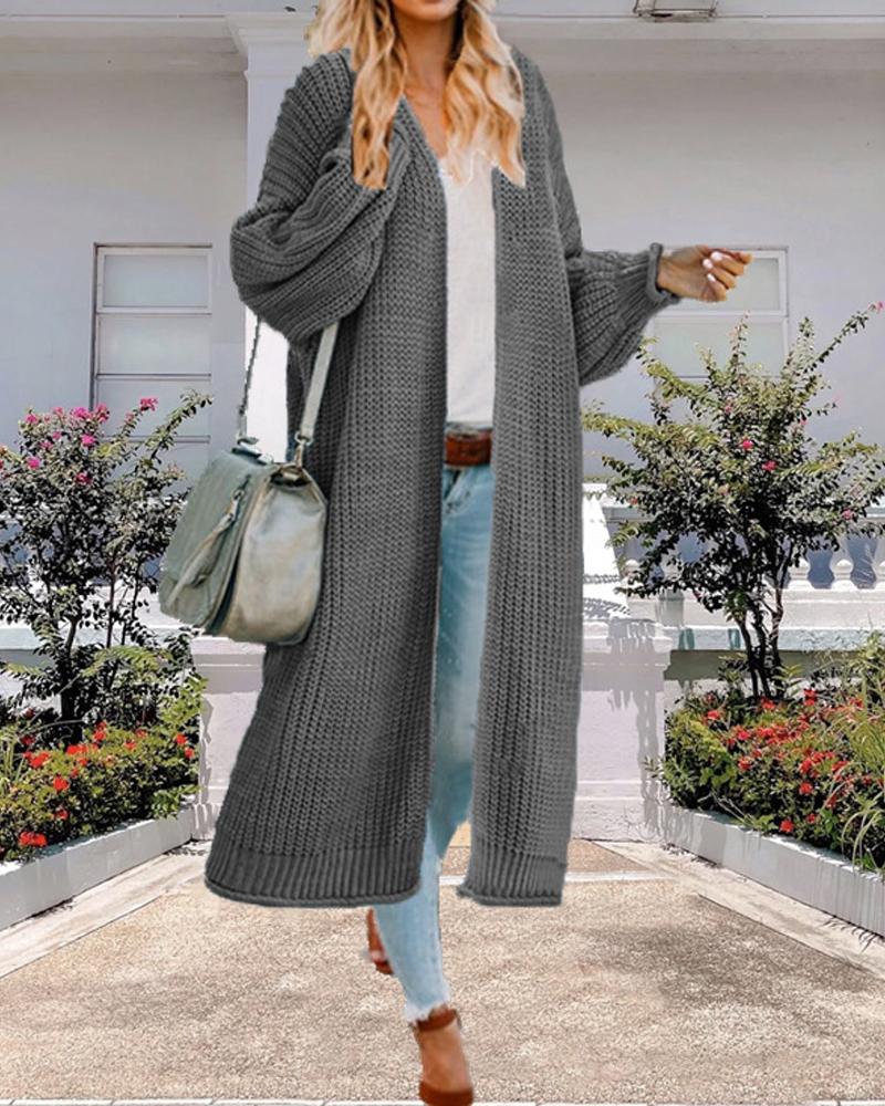 

Lantern Sleeve Open Front Chunky Knit Longline Cardigan, Gray