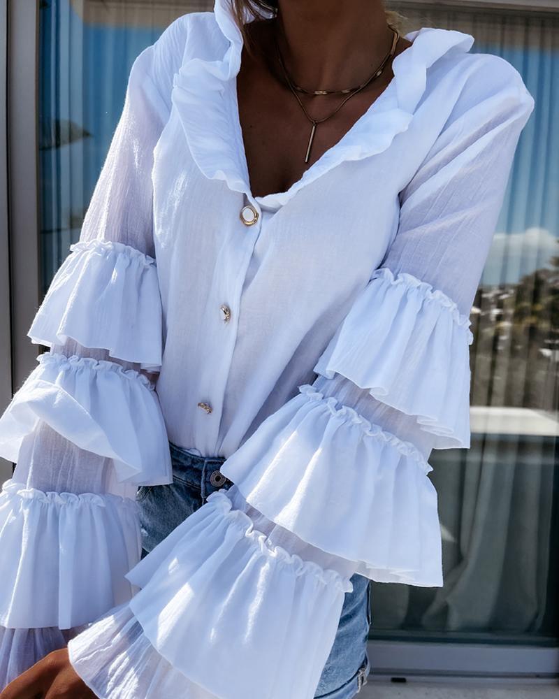 

Juilet Sleeve Frill Hem Ruffles Buttoned Top, White