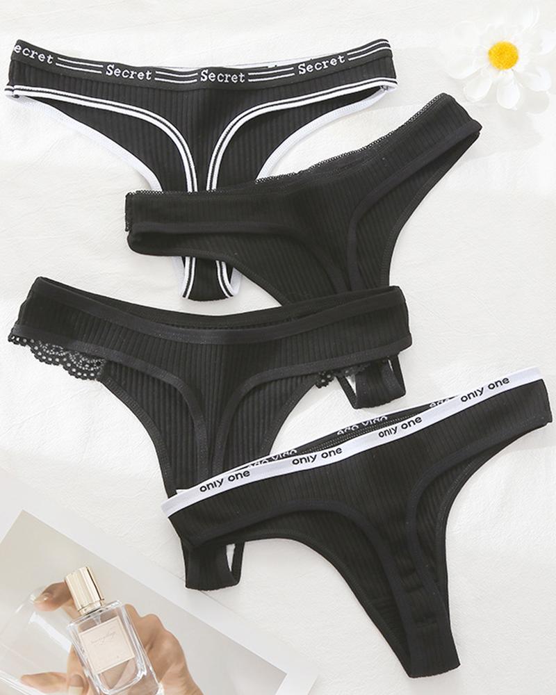 

4PCS/Set Low Waist Lace Trim Tape Patch Thong Panties, Black