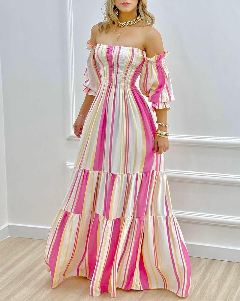 

Striped Off Shoulder Shirred Frill Trim Maxi Dress, Multicolor