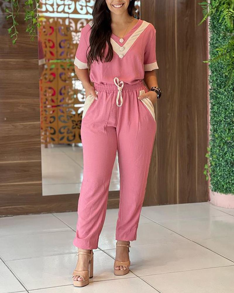 

Contrast Paneled Casual Top & Drawstring Pants Set, Pink