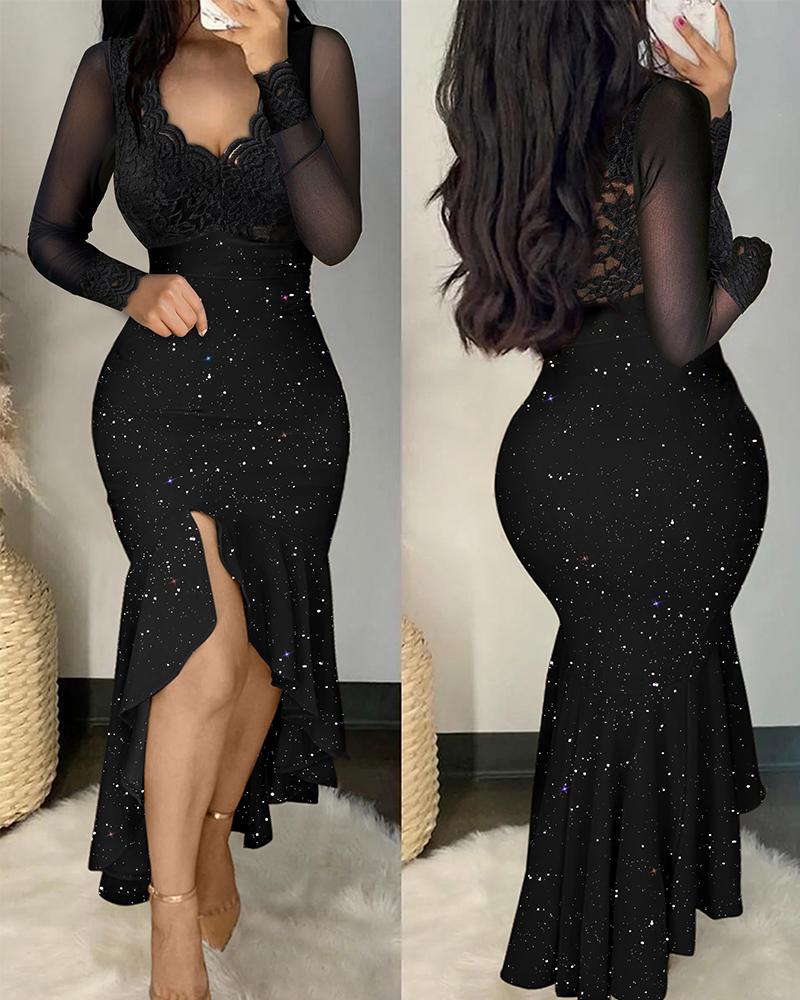 

Glitter Contrast Lace Long Sleeve Mermaid Dress, Black
