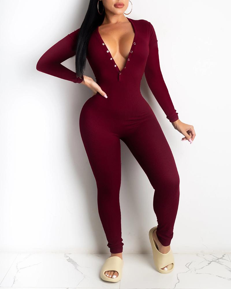 

Solid Color Long Sleeve Jumpsuit, Wine red
