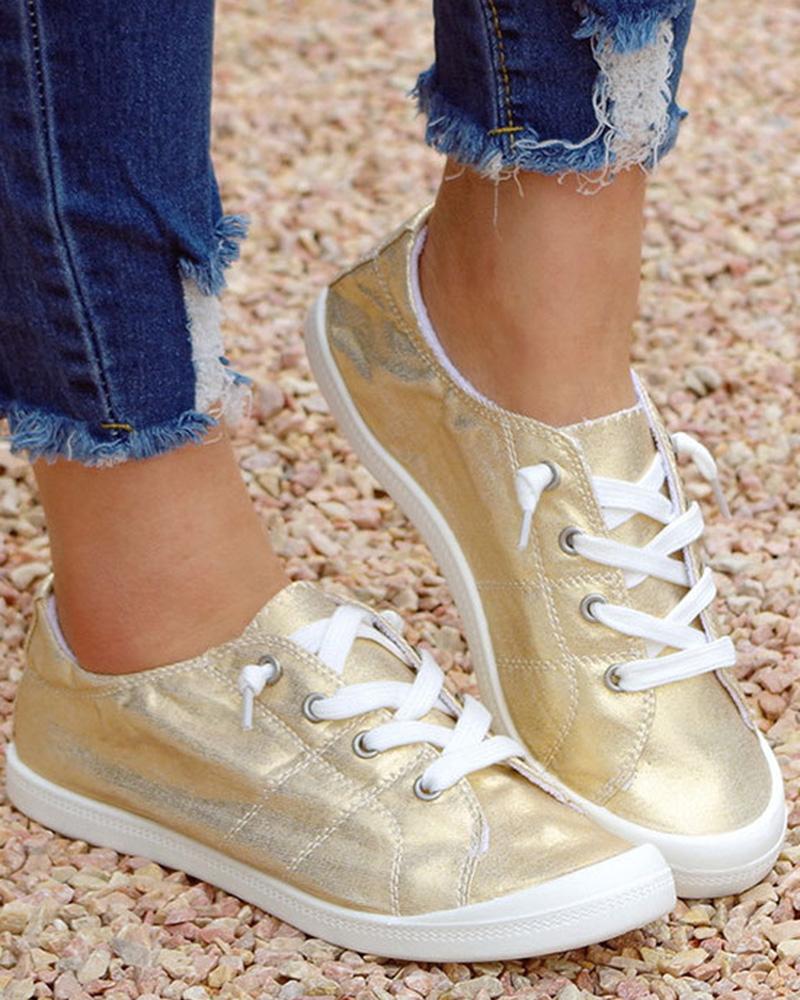 

Quilted Lace-Up Fashion Sneakers, Gold