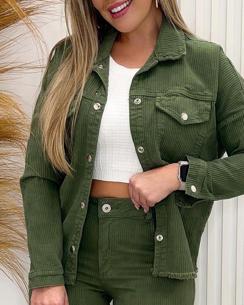 

Corduroy Pocket Design Long Sleeve Coat, Green