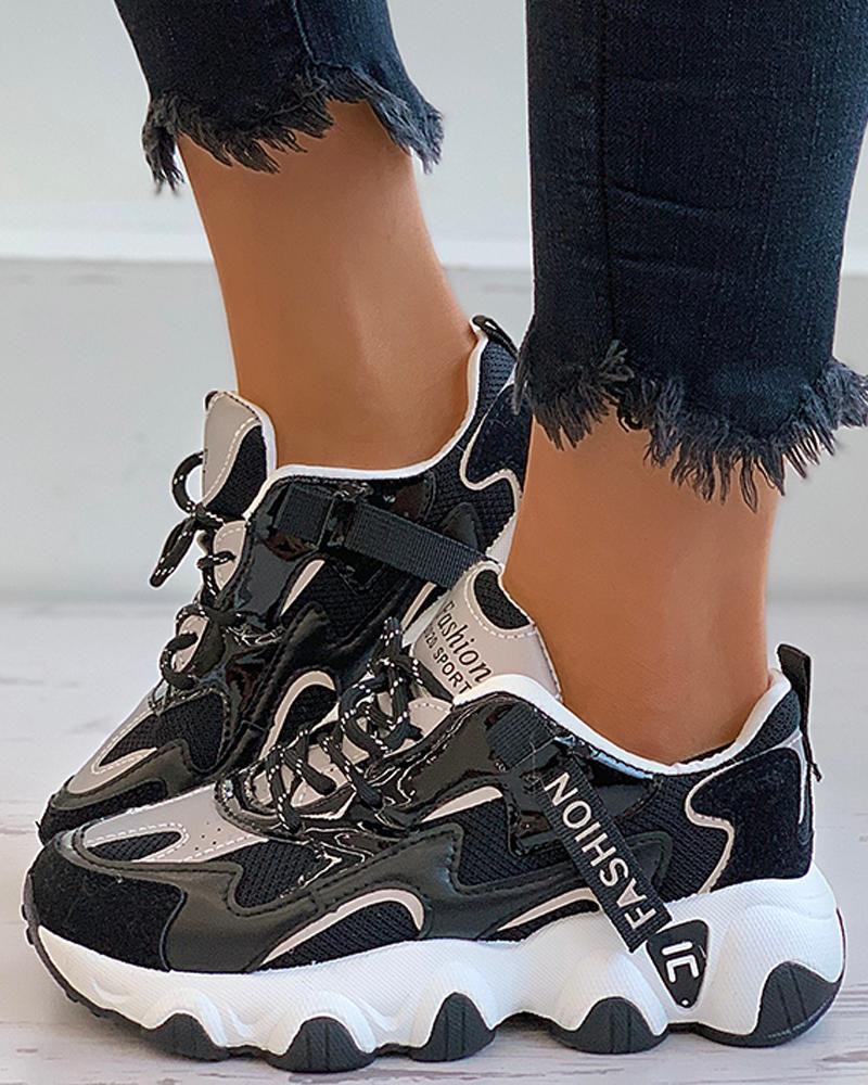 

Letter Pattern Colorblock Lace-up Sneaker, Black