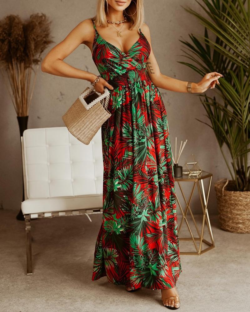 

Tropical Print Shirred Spaghetti Strap Maxi Dress, Multicolor