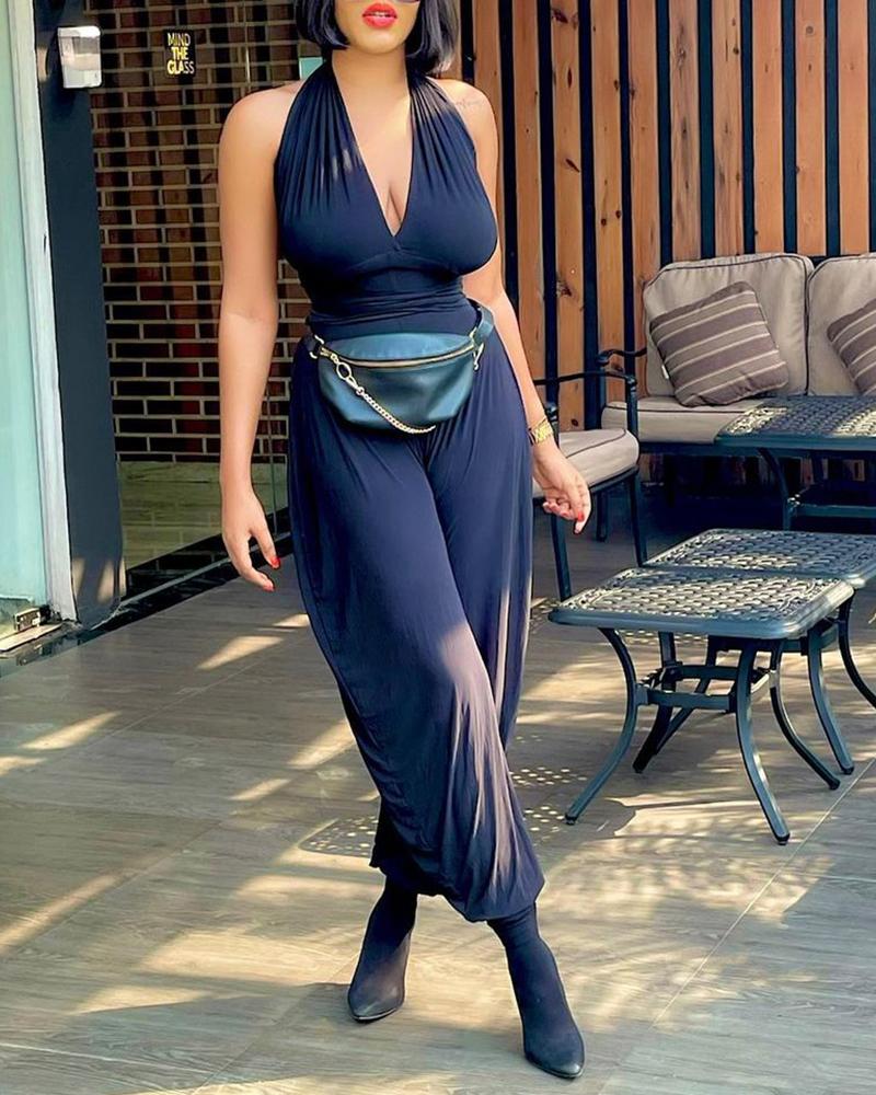 

Halter Sleeveless Plain Jumpsuit Without Waist Bag, Black