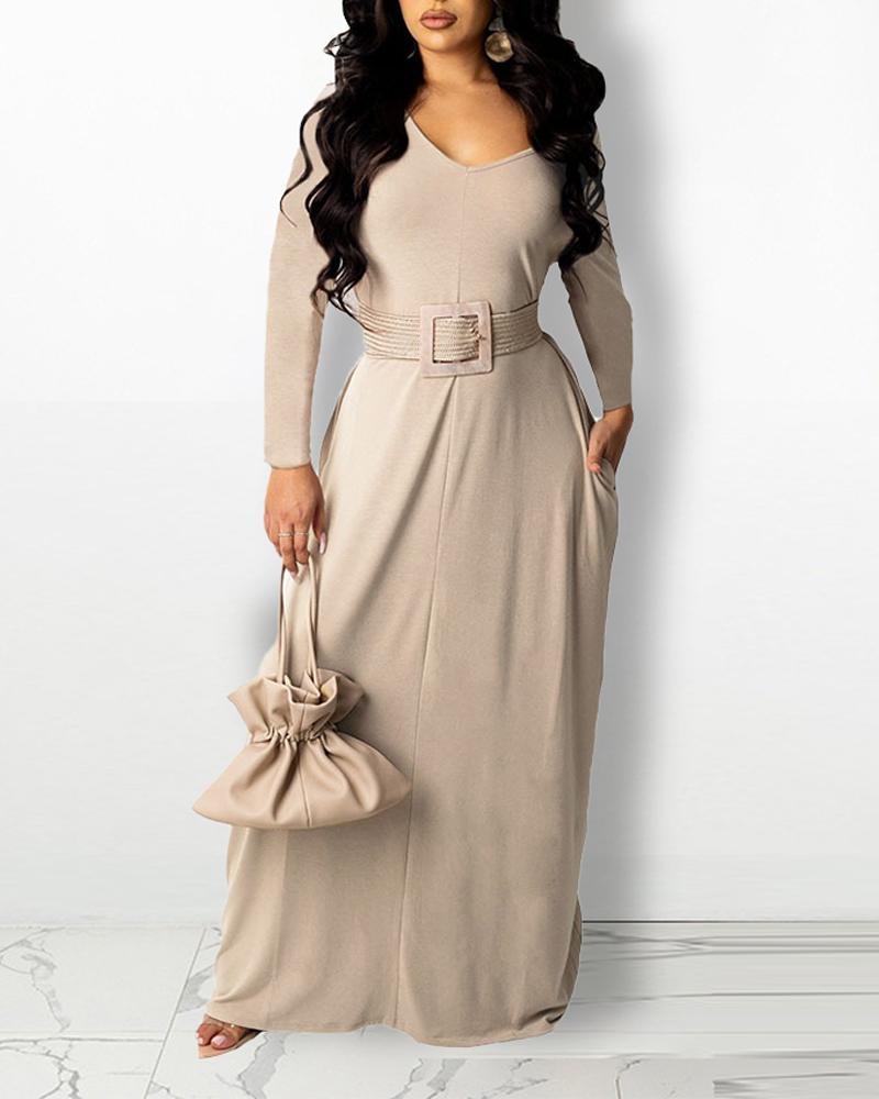 

Long Sleeve V-Neck Pocket Detail Maxi Dress, Khaki