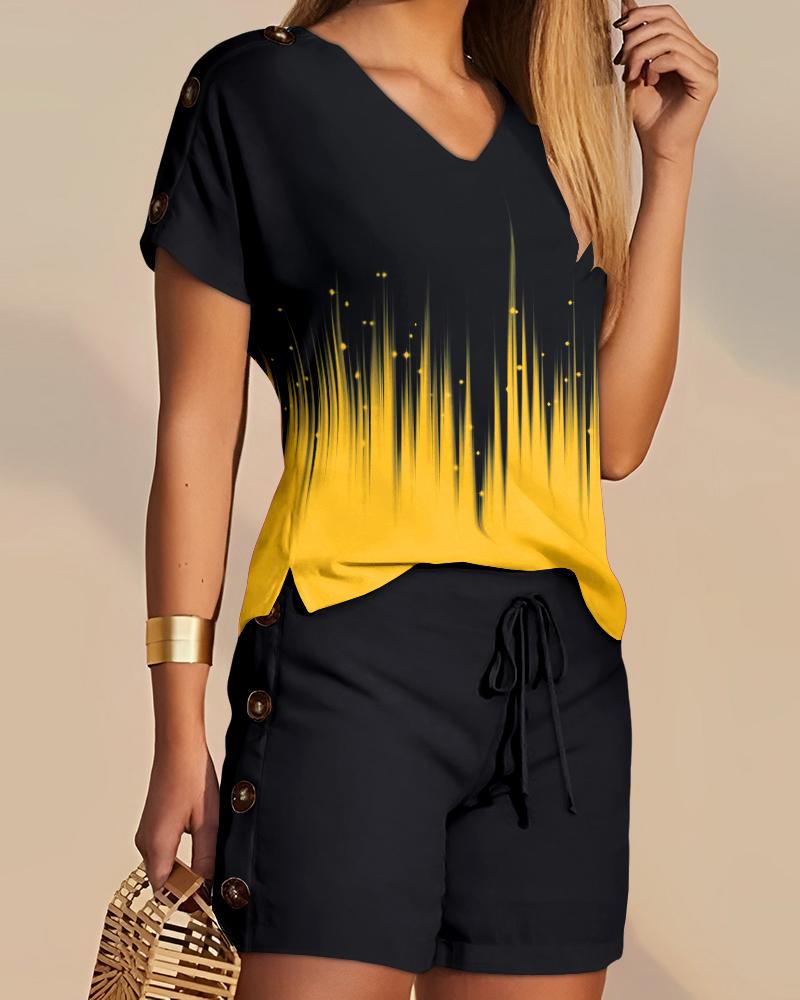 

Abstract Print T-shirt & Drawstring Shorts Set, Yellow