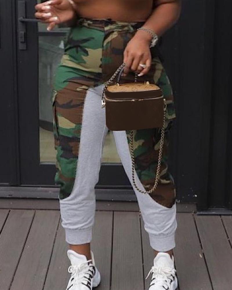 

Camouflage Print Patchwork Cuffed Pants, Green