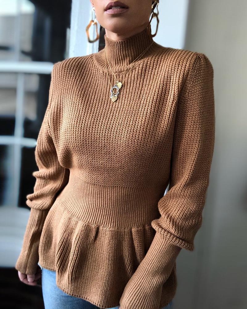 

Knitted Solid High Neck Ruffles Sweater, Brown