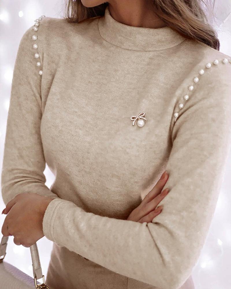 

Beaded Decor Long Sleeve Top, Apricot