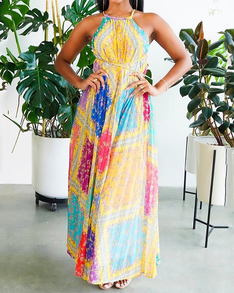 

Halter Scarf Print Crisscross Backless Maxi Dress, Multicolor