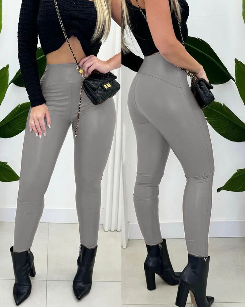 

PU Leather Leggings High Waist Curved Fleece Lined Tights Casual Pants, Dark grey