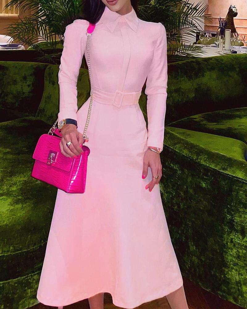 

Puff Long Sleeve Casual Dress With Belt, Pink
