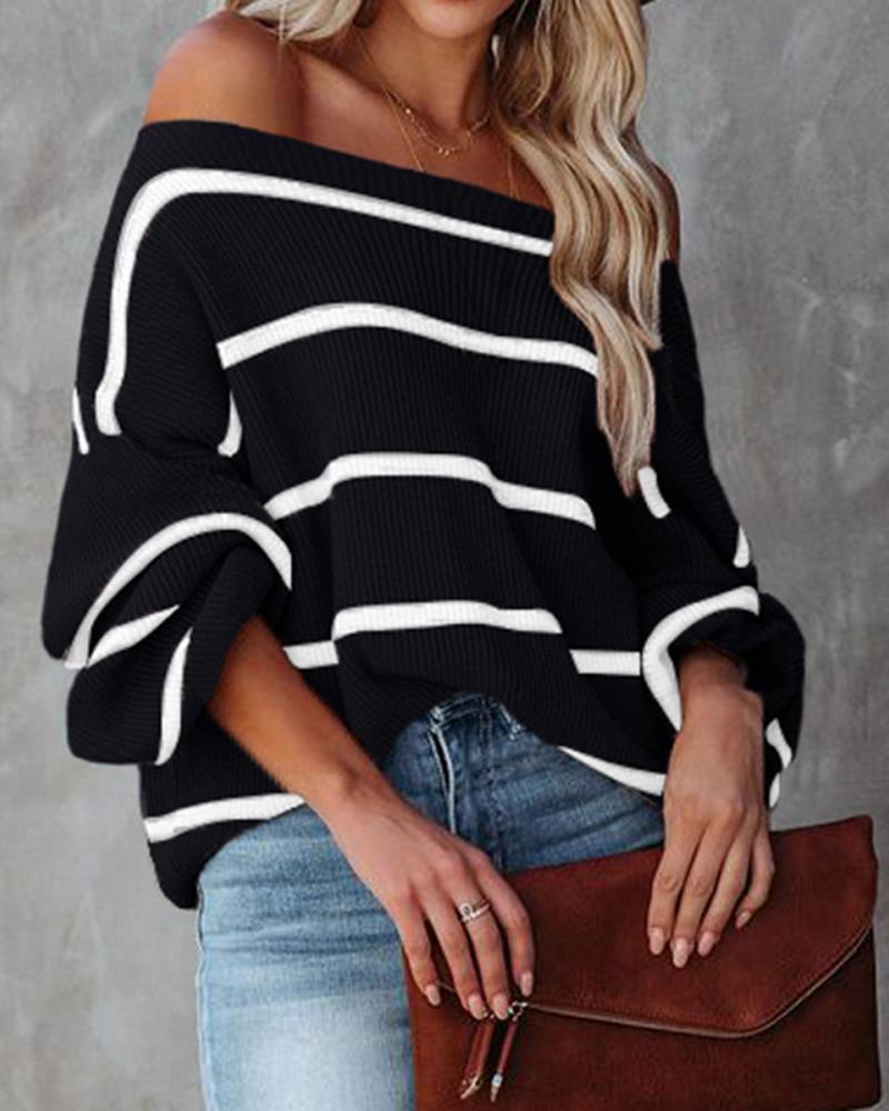 

Striped Lantern Sleeve Chunky Knit Sweater, Black