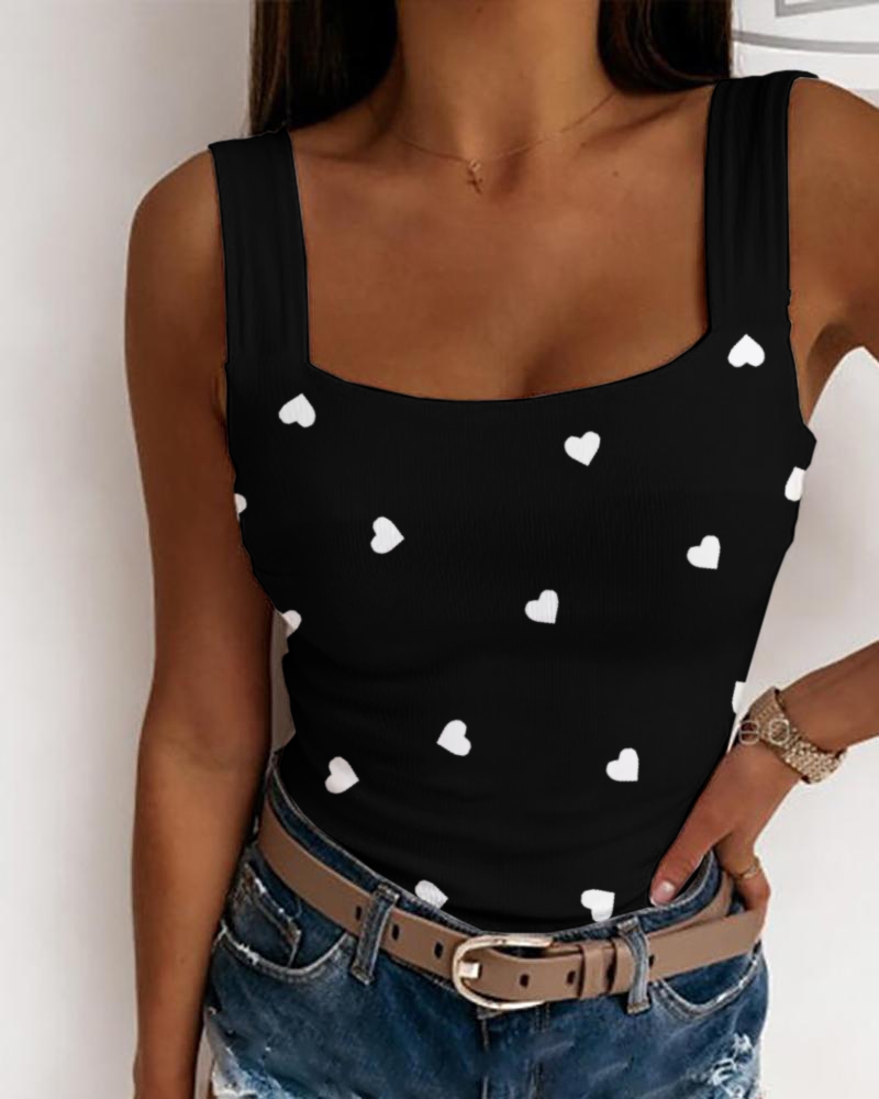 

Herat Print Square Neck Knit Casual Tank Top, Black