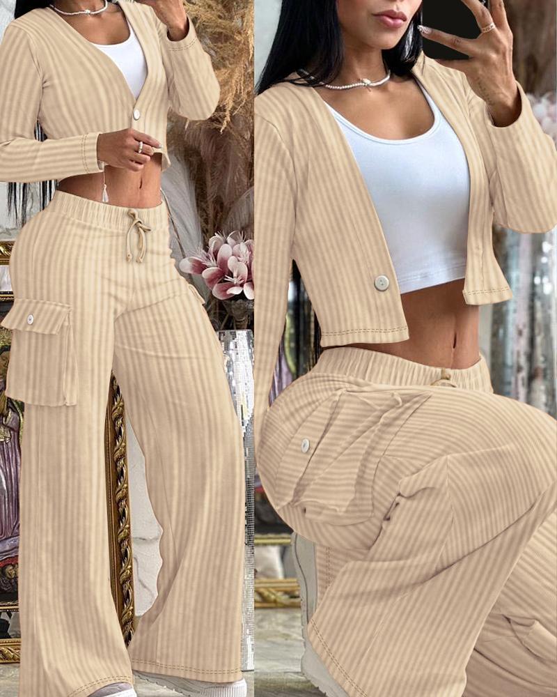 

Velvet Buttoned Crop Top & Pocket Design Pants Set, Apricot