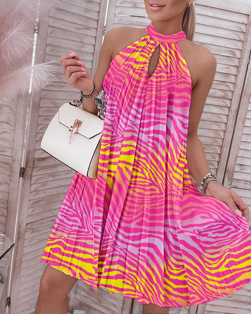 

Zebra Stripe Print Sleeveless Pleated Dress, Hot pink