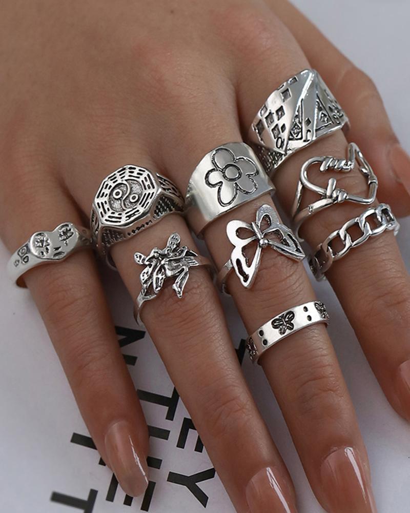 

9pcs Vintage Butterfly Hollow Heart Stackable Rings Set, Silver