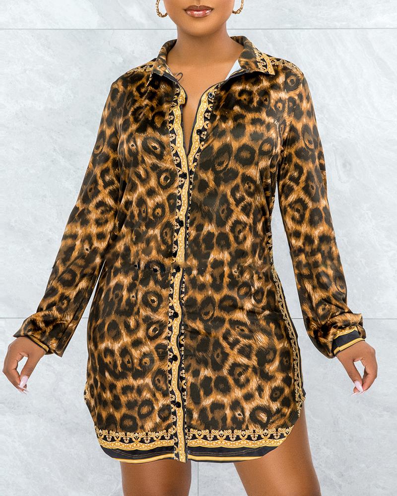 

Cheetah Print Colorblock Button Front Shirt Dress, Brown