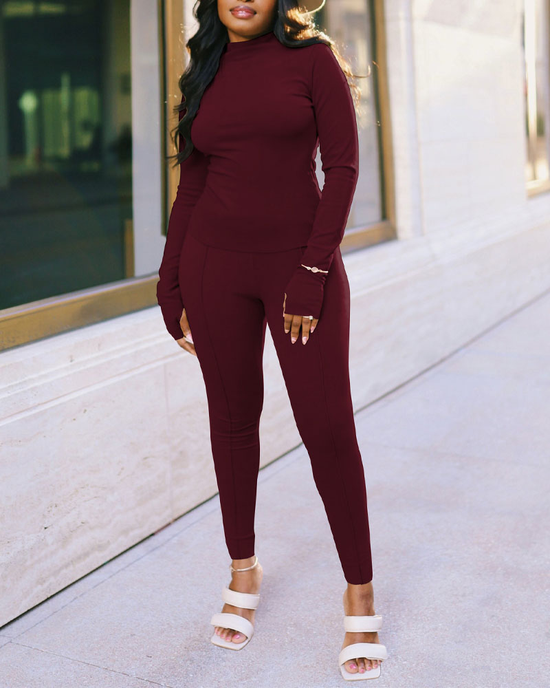 

Long Sleeve Top & Skinny Pants Set, Wine red