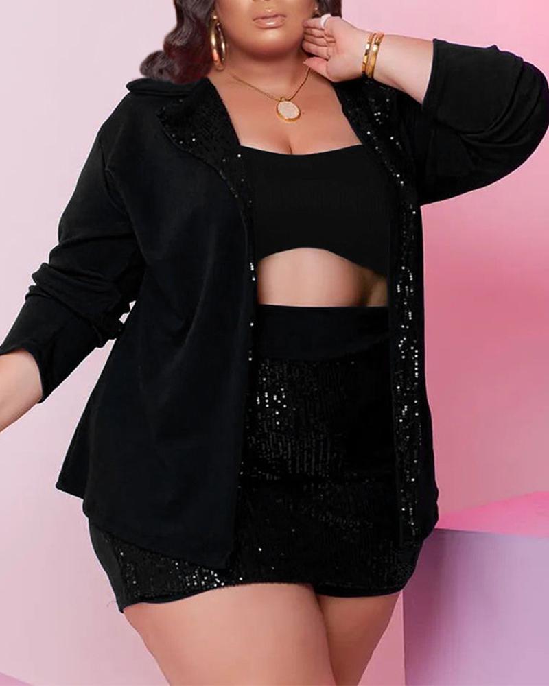 

Plus Size 3PCS Contrast Sequin Crop Top & Skorts Set With Coat, Black