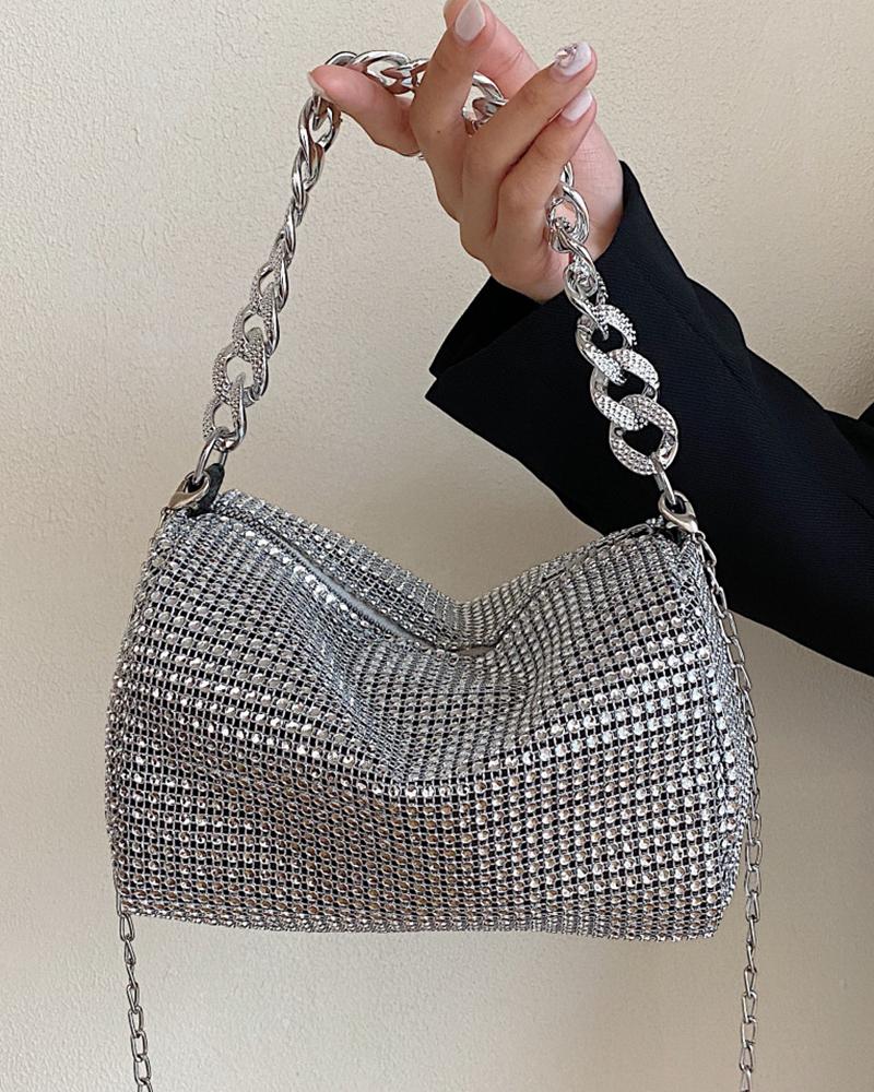 

Allover Rhinestone Chain Strap Fashionable Bag, Silver