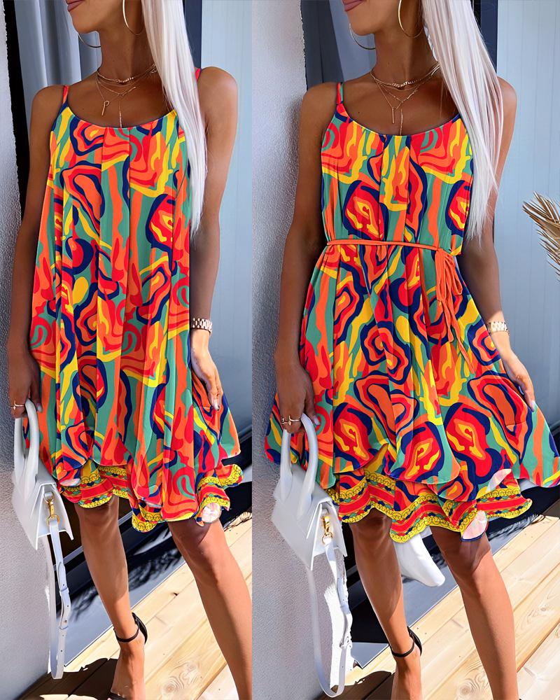 

Multi-Color Abstract Print Layered Ruffles Dress, Orange